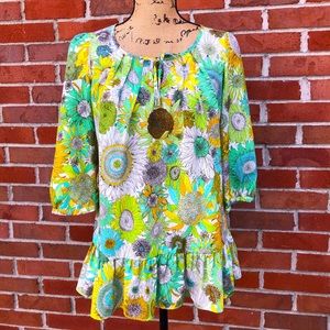 Liberty of London Sunflower Floral Print Retro Peplum Tunic Blouse Womens Small